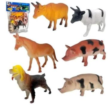 Imagem de Kit 06 Animais Fazenda Brinquedo Vaca Porco Boi Fazendeiro - Soberana 