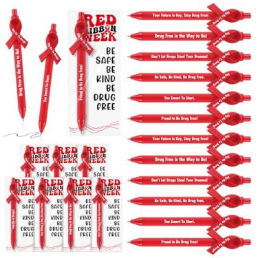 Imagem de Eersida 50 conjuntos de canetas de fita vermelha semanal em massa fita vermelha suprimentos de conscientização com cartões motivacionais ao vivo livre de drogas para campanhas antidrogas eventos de