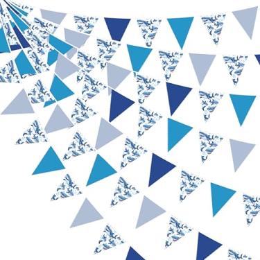 Imagem de Decoração de festa de tubarão de 8,5 m azul fofo tubarão bandeira bandeira bandeira flâmula de tecido guirlanda de tecido para crianças meninos aniversário oceano animal mar chá de bebê sob o mar