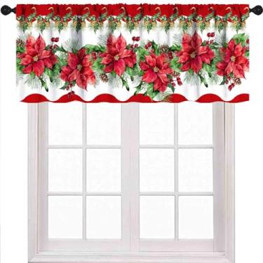 Imagem de Cortina de cozinha vermelha de Natal, flores vermelhas e verdes florescendo sanefando para Feliz Natal, quarto, banheiro, lavanderia, cortinas curtas, decoração 1 peça, 137 x 45 cm