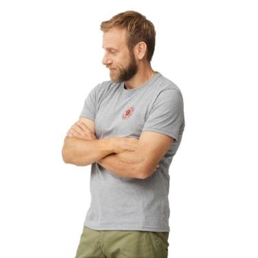 Imagem de Camisetas masculinas com logotipo Fjällräven 1960 oferecem gola redonda, construção de algodão macio e estampa de tela na frente cinza mesclado tamanho único