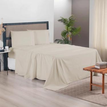 Imagem de Jogo De Cama Casal Queen Size kit 4 Peças Completo Toque Suave E Macio Percal 300 Fios (Jogo De Lençol Caqui)