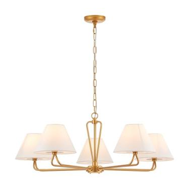Imagem de VILUXY Lustre dourado moderno de 5 luzes com sombra de tecido branco 89 cm grande sala de jantar luminária pendente ajustável para cozinha, ilha e sala de estar, listado na UL