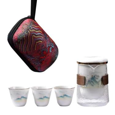 Imagem de Xícaras de chá de porcelana, pintura à mão, padrão de água de montanha, conjunto de bule de chá, copo de vidro com padrão de martelo para viagens