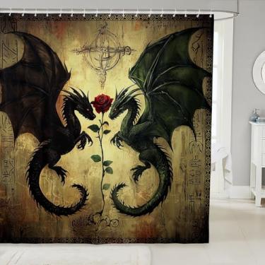 Imagem de Cortina de chuveiro casal dragão pintura vintage forro de banheiro para crianças adulto rosa vermelha cortinas à prova d'água decoração de quarto 182 x 182 centímetros