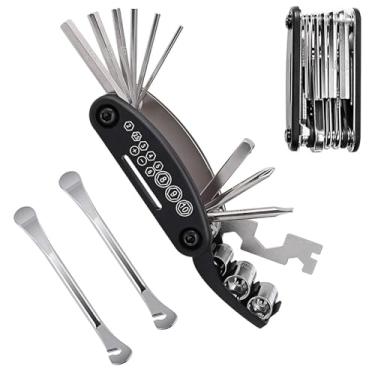 Imagem de CXAPRDSH Kit de ferramentas de reparo de bicicleta preto, multiferramentas de bicicleta 16 em 1 com 2 colheres de ferro para pneu de bicicleta, itens essenciais portáteis para bicicleta, fácil andar