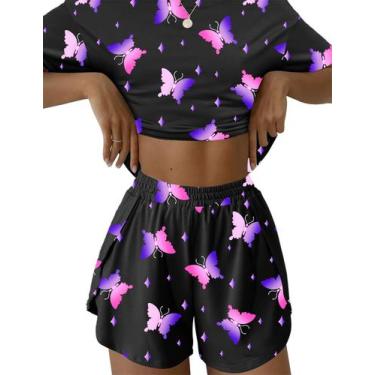 Imagem de Conjunto de pijama feminino Kistore de manga curta de verão roxo L