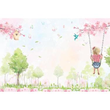 Imagem de Painel de Lona Jardim Aquarela Menina no Balanço - Fabrika de Festa, 1