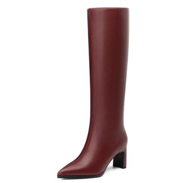 Imagem de SKYSTERRY Botas de cano alto femininas salto alto bloco grosso bico fino botas altas confortáveis com zíper lateral festa trabalho data vestido longo outono inverno botas, Borgonha, 39
