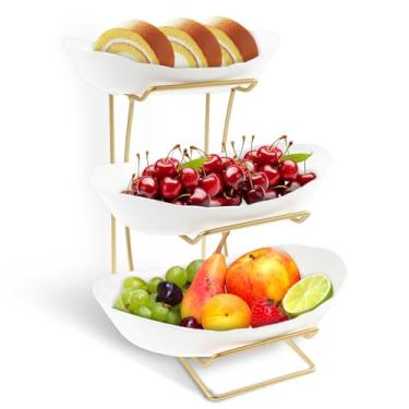 Imagem de XYTZHSAI Cesta de tigela de frutas de 3 camadas, conjunto de tigelas ovais de plástico, suporte de frutas com suporte de metal para armazenamento de vegetais, bandeja de bolo de sobremesa para lanche