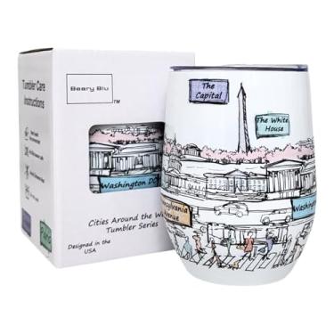 Imagem de Beary Blu Cidades ao redor do mundo Série de copos de 355 ml - Projetado nos EUA - Copo isolado a vácuo com tampas - Caneca de viagem de aço inoxidável para vinho e café, água, para bebida quente e