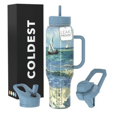 Imagem de Copo Coldest com alça e canudo - Copo isolado 100% à prova de vazamento com tampa e canudo (3 tampas) - Copos de aço inoxidável para mulheres e homens - Base compatível com porta-copos, 1,304 g