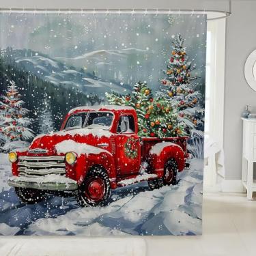 Imagem de Cortina de chuveiro vermelha de caminhão de Natal, cortina de banheiro com vista de neve de inverno para decoração de quarto de crianças, meninos, meninas e adultos, cortina à prova d'água com tema de