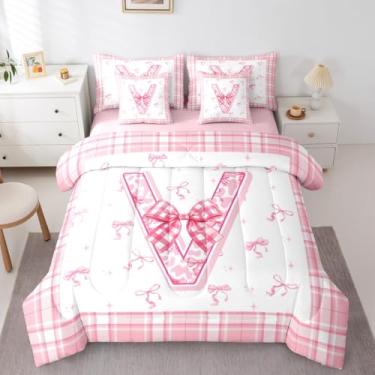 Imagem de Jogo de cama solteiro com nó de laço sonhador, 7 peças, com inicial V, personalizado, para crianças, meninos, meninas, adultos, edredom e lençóis, moderno, estilo princesa, decoração de quarto