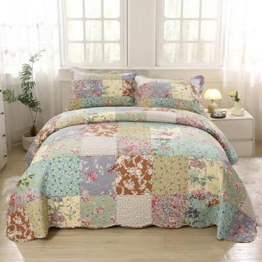 Imagem de vctops Conjunto de colcha acolchoada de algodão boho patchwork, tamanho queen, 3 peças, macio, reversível, leve, estampa floral, 1 colcha e 2 fronhas (roxo, Queen)