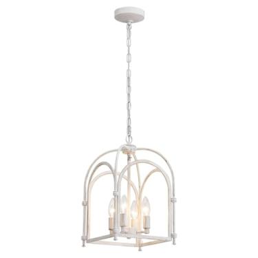 Imagem de ANJIADENGSHI Lustres De 4 Luzes, Lustre Branco Estilo Fazenda Para Sala De Jantar, Luminárias Pendentes De Metal Para Cozinha, Lustre Rústico Em Gaiola Para Quarto, Sala De Estar, Cozinha, Ilha, Cor