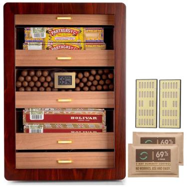 Imagem de Umidor para Charutos Marvero em Cedro com Higrômetro Digital, Gavetas, Umidificadores e Acessórios Banhados a Ouro - Capacidade para 150
