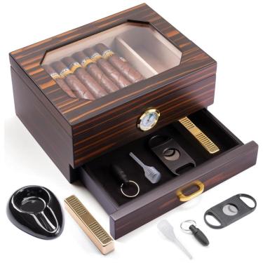 Imagem de Umidor de Cedro Espanhol para 25-50 Charutos com Acessórios e Armazenamento, Higrômetro, Umidificador, Cinzeiro e Cortador - Apreciador
