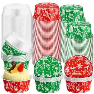 Imagem de Potchen 100 peças de copos de folha de alumínio de Natal com tampas, 142 g descartáveis de ramekin mini forro, latas de floco de neve, boneco de neve, recipientes de cupcake de árvore de Natal para