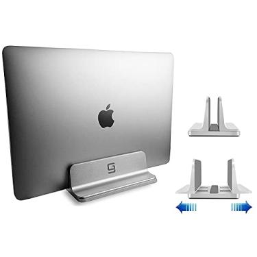 Imagem de Suporte vertical para laptop para mesa [ajustável] base de alumínio resistente serve para todos os laptops (até 20 polegadas), economia de espaço, suporte compacto moderno, compatível com MacBook Pro/Air, Surface, HP, Dell (prata)