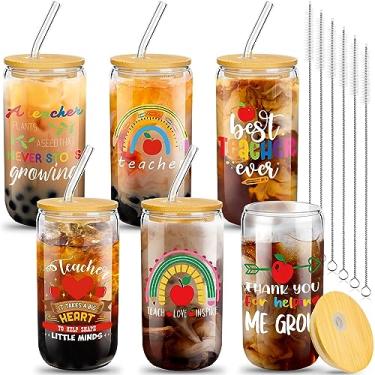 Imagem de Pinkunn Conjunto de 6 presentes de Natal agradecimento do professor presentes de Natal para mulheres copos de vidro 473 ml com tampas de canudos, 6 estilos (elegante)