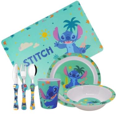 Imagem de Jogo Refeição Infantil Melamina Stitch Disney 7 Peças Incluso Talheres Inox - Tuut