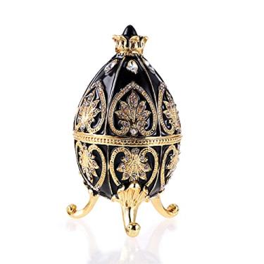 Imagem de ELLDOO Faberge Caixa de joias estilo ovo, caixa de joias esmaltada, caixa de metal decorativa exclusiva, ornamentos clássicos, presente para decoração de casa, preta