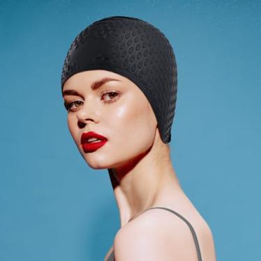 Imagem de Touca de natação em forma de gota de silicone para mulheres, touca de banho altamente elástica, adequada para vários penteados, mantém o penteado intacto (preto)