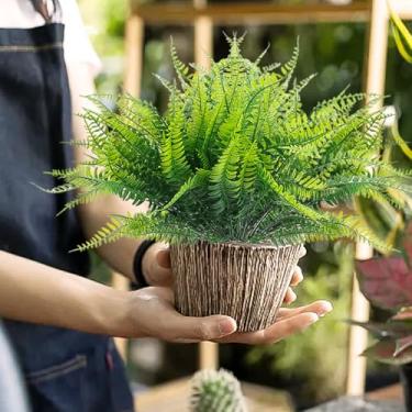 Imagem de Folhas artificiais de samambaia de Boston caules falsos de samambaia resistentes a UV arbustos de plástico para pendurar na janela da varanda do escritório, decoração de casa