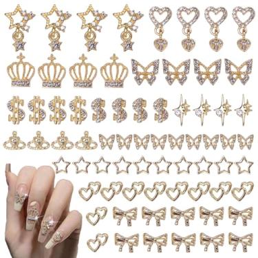 Imagem de 78 peças, kit de pedras preciosas de ouro, 12 estilos de liga de liga sortida, coroa de borboleta, planetas vazados, estrela, pregos de metal, joias de unhas 3D, pingentes para unhas, materiais de