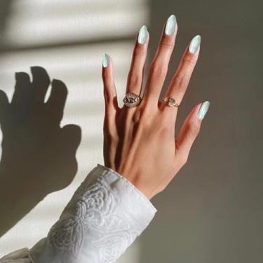 Imagem de Conjunto de unhas postiças em forma de amêndoa com efeito olho de gato com cola, comprimento médio, glitter (verde claro fluorescente, F)