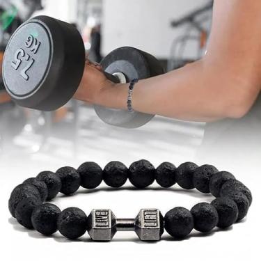 Imagem de 1 pulseira de pedra vulcânica masculina com pingente de haltere cordão de ginástica pulseiras femininas com barra fitness acessório de joias, #4, Pedras vulcânicas, Sem Pedra Preciosa