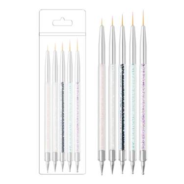 Imagem de Conjunto de 5 pincéis de arte de unhas de ponta dupla, pincéis de forro fino, canetas de pontilhamento de unhas, ferramentas de desenho de broca de ponta ideal para design profissional de arte de