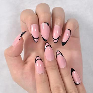 Imagem de Chic Stiletto Point Press On Artificial Nails - Acrílico Natural Cobertura Completa Pontas de Unhas - 24 peças, 12 tamanhos, 12 tamanhos, Prensas de Unhas Instantâneas, Linha Preta Francesa