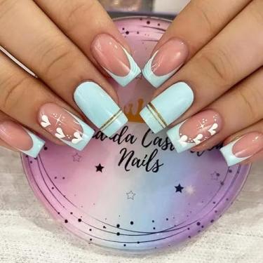 Imagem de Kit de unhas de pressão médias quadradas francesas com design requintado coração estrela acrílico artificial prensas falsas cobertura completa para mulheres uso diário manicure casamento 24 peças