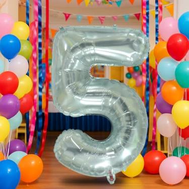 Imagem de Balão azul número 5 de 101 cm para decoração de 5º aniversário, balões autoinfláveis com número de folha de creme de 0 a 9, balão de hélio de areia branca para meninos, meninas, mulheres, homens