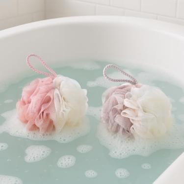 Imagem de 2 esponjas esfoliantes de banho, bucha de chuveiro para mulheres, 50 g de esponja de bucha de malha para sabonete líquido - limpeza diária (rosa e cáqui)