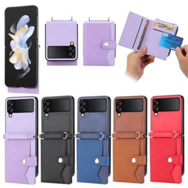 Imagem de Cordão cartões carteira capa de couro para samsung galaxy z flip 5 4 3 5g saco crossbody litchi capa de alça ultra fina, roxo, para samsung z flip5
