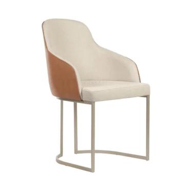 Imagem de Cadeira Estofada Albany Pés Em Aço De Carbono Champanhe Assento Em Linho Off White E Pu Caramelo