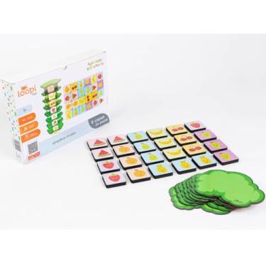 Imagem de Jogo de Empilhar Torre de Frutas em Madeira, 24 frutas e 8 copas, Brinquedo Educativo para Crianças, com Tabuleiro e Árvore, Interação Familiar, Estimula o Aprendizado