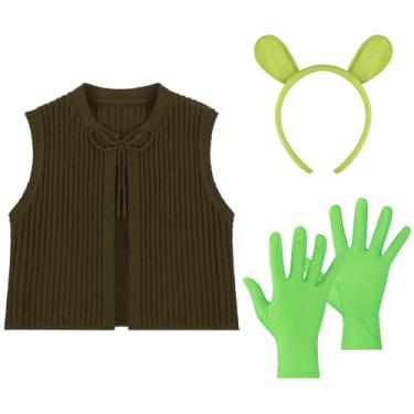 Imagem de Mepase 3 peças cosplay de ogro verde de Halloween para adultos - fantasia masculina com orelhas de ogro, luvas, colete marrom para festa de cosplay de filme, lembrancinha de festa