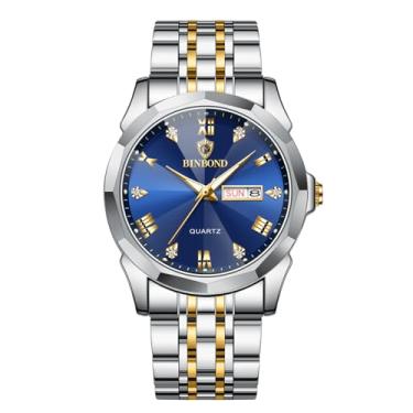 Imagem de W WOLF-CUB Relógio masculino de quartzo moderno de luxo à prova d'água para data, relógio esportivo de aço inoxidável, relógio de pulso de quartzo, Prata e azul, Negócios