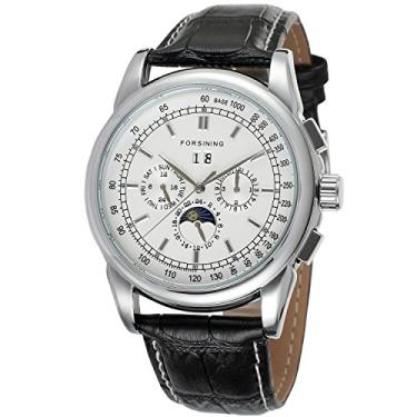 Imagem de Forsining Relógio masculino fantástico automático luxuoso preto pulseira de couro genuíno analógico fase da lua FSG319M3S5