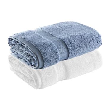 Imagem de Jogo de Toalhas Ele/Ela Super Soft Zero Twist Banhão 80x150cm 500g/m², 97% Algodão 3% Poliéster, Toque Macio, Alta Absorção e Design Sofisticado – Altihaus (Branco/Azul)