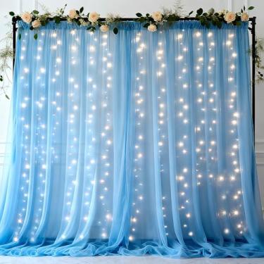 Imagem de Ledido Cortina de fundo de 300 LEDs com cordão de luzes, 8 peças de 1,5 x 3 m, cortinas transparentes de fundo azul para festas de aniversário, casamento, chá de bebê, decoração de fundo
