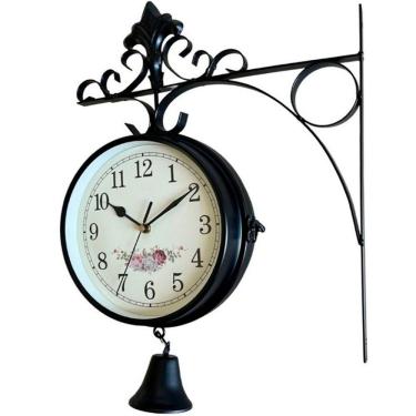 Imagem de Relógio Retrô Com Sino Estação Trem Dupla Face Floral Preto