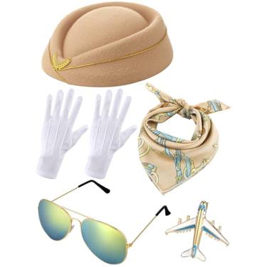 Imagem de Bencailor 6 peças de acessórios de fantasia de comissária de bordo de Natal para mulheres, roupas de aeromoça, chapéu de sino, cachecol e luvas de óculos de sol (cáqui)