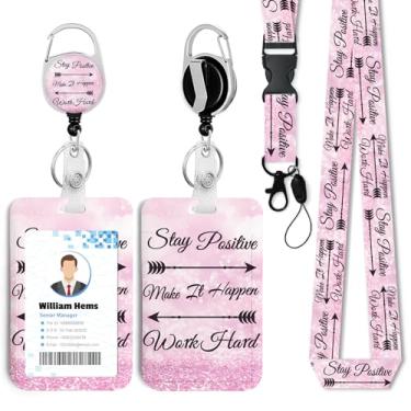Imagem de Porta-crachá rosa Stay Positive com cordão breakaway e carretel retrátil resistente - chaveiro mosquetão giratório de 360° para mulheres, estudantes, professores, enfermeiros, uso no escritório