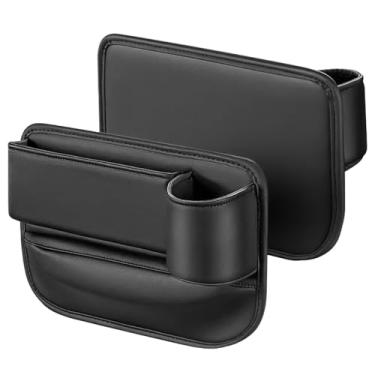 Imagem de Caixa de armazenamento de couro para assento de carro, 2 peças, suporte de copo, orifício de cabo, coletor de bagunça, bolsos pretos para assentos de carro