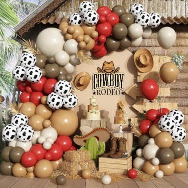 Imagem de Kit de guirlanda de arco de balão de vaca marrom vermelho – 153 peças de balões vermelhos, marrons, brancos de areia e vaca para vaqueira, caubói, chá de bebê, aniversário, faroeste, decorações de